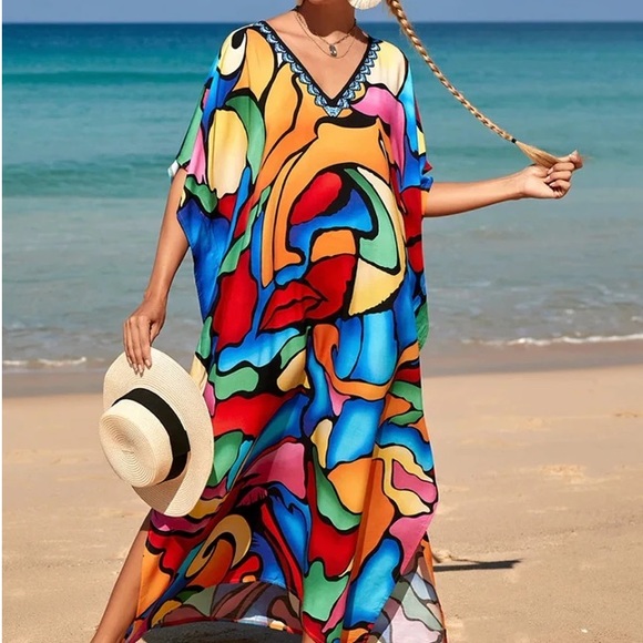 HOST PIC MAXI KAFTAN DRESS BEACH KIMONO ROBE VIBRANT MULTI PRINT OS - Picture 9 of 10